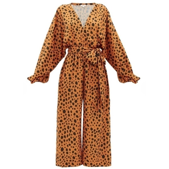 Rhode Jumpsuit Blake Long Sleeve Wide Leg Satin Leopard Cheetah Print L NWT New - Picture 4 of 15